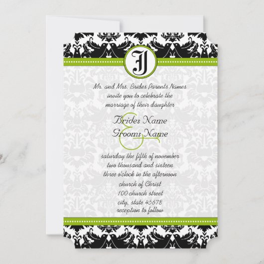 Apple Green Black Love Bird Damask Wedding Invite Kaart (Voorkant)