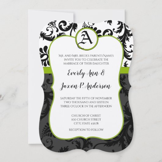 Apple Green Black Unique Damask Wedding Invitation Kaart (Voorkant)