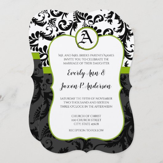 Apple Green Black Unique Damask Wedding Invitation Kaart (Voorkant / Achterkant)