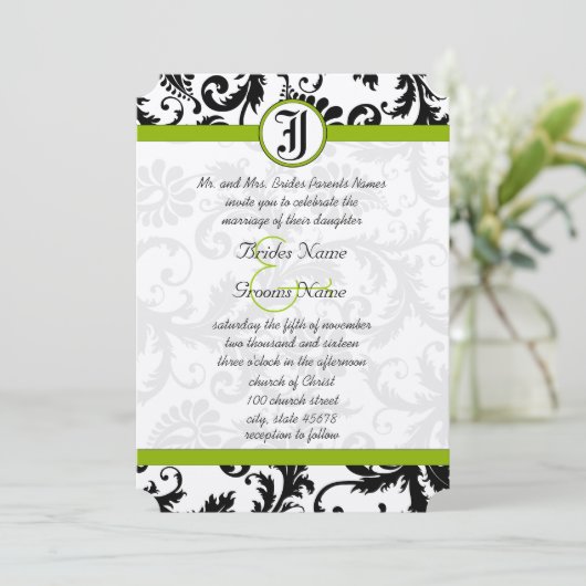Apple Green Black Unique Damask Wedding Invitation Kaart (Staand voorkant)