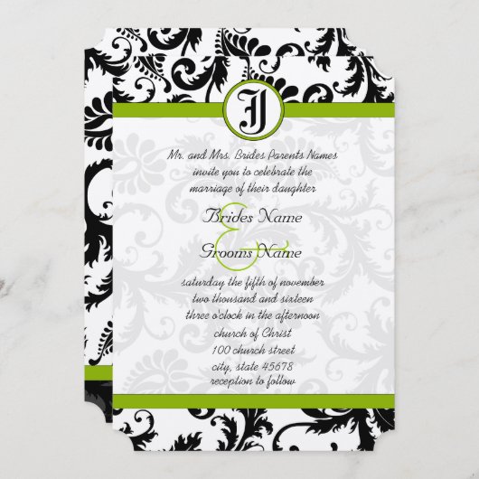 Apple Green Black Unique Damask Wedding Invitation Kaart (Voorkant / Achterkant)