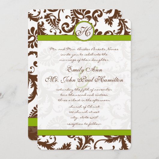 Apple Green & Brown Damask Wedding Invitation Kaart (Voorkant / Achterkant)