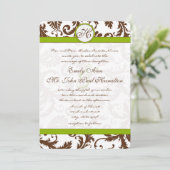 Apple Green & Brown Damask Wedding Invitation Kaart (Staand voorkant)