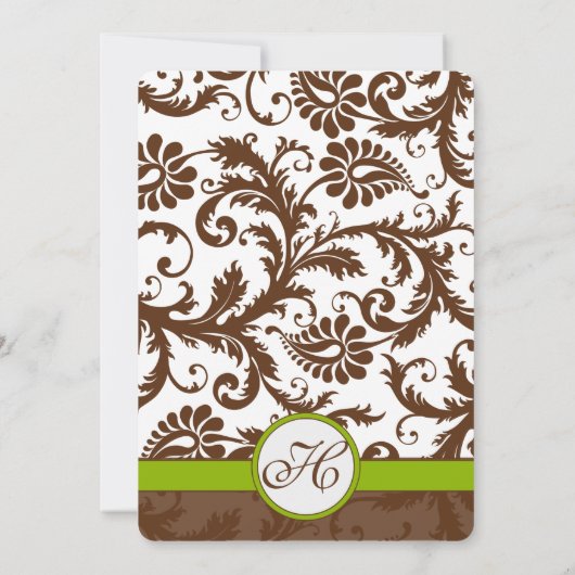 Apple Green & Brown Damask Wedding Invitation Kaart (Achterkant)