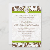 Apple Green & Brown Damask Wedding Invitation Kaart (Voorkant)