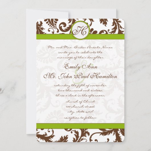 Apple Green & Brown Damask Wedding Invitation Kaart (Voorkant)