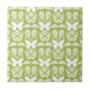 Apple Green Butterfly Damask Ceramic Tile Trivet Tegeltje