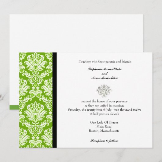 Apple Green Classic Damask Wedding Invitation Kaart (Voorkant / Achterkant)