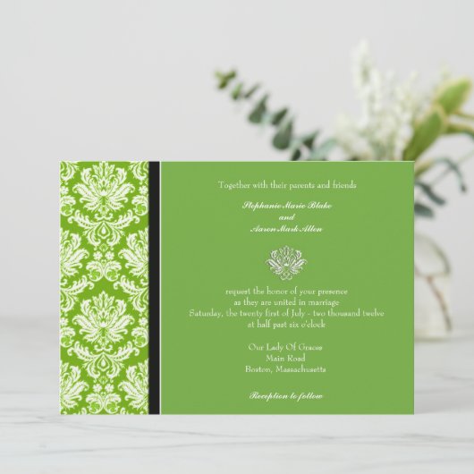 Apple Green Classic Damask Wedding Invitation Kaart (Staand voorkant)
