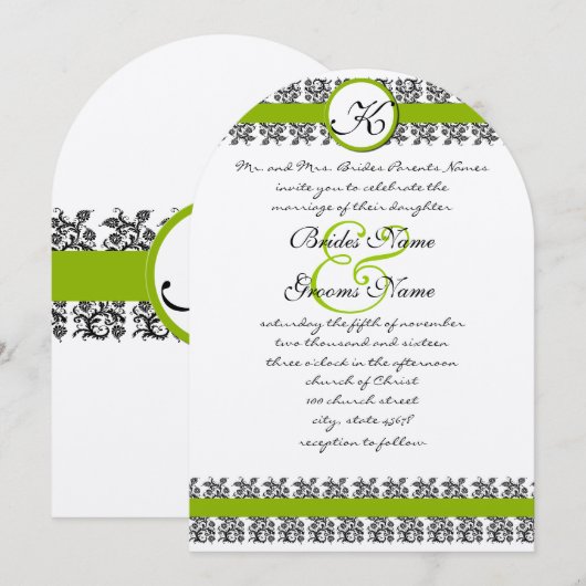 Apple Green Damask Borders Wedding Invitation Kaart (Voorkant / Achterkant)
