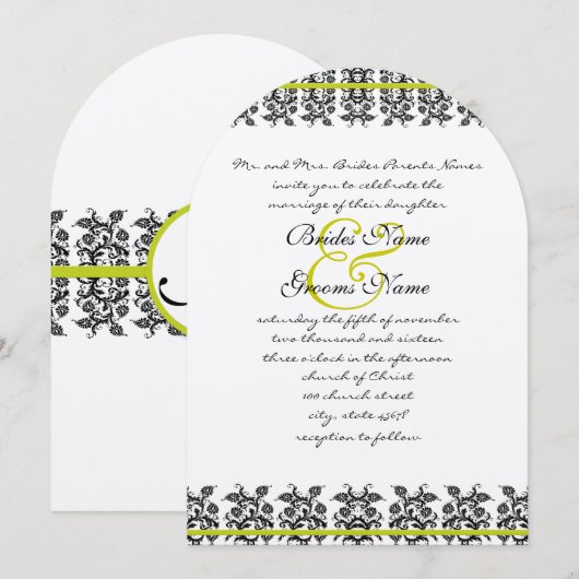 Apple Green Damask Borders Wedding Invitation Kaart (Voorkant / Achterkant)