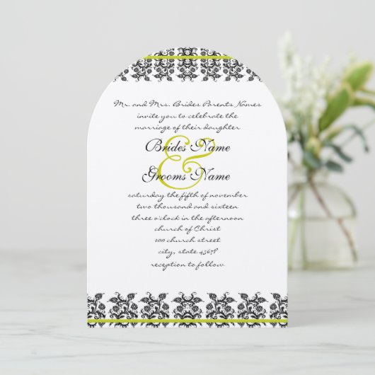 Apple Green Damask Borders Wedding Invitation Kaart (Staand voorkant)