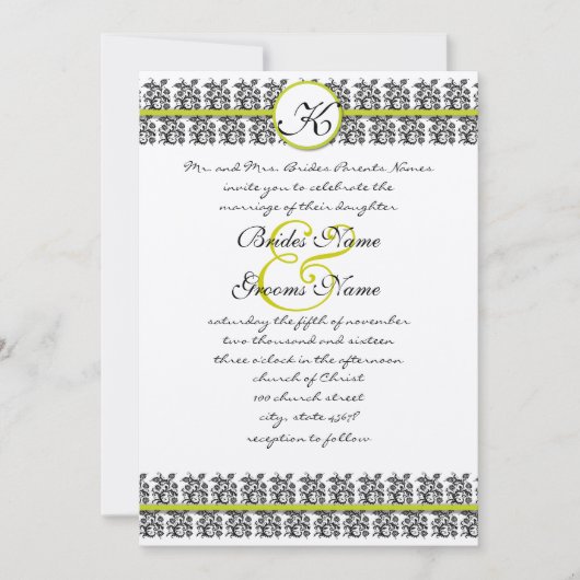 Apple Green Damask Borders Wedding Invitation Kaart (Voorkant)