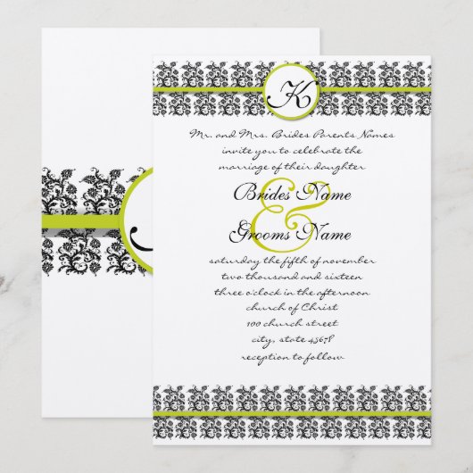 Apple Green Damask Borders Wedding Invitation Kaart (Voorkant / Achterkant)