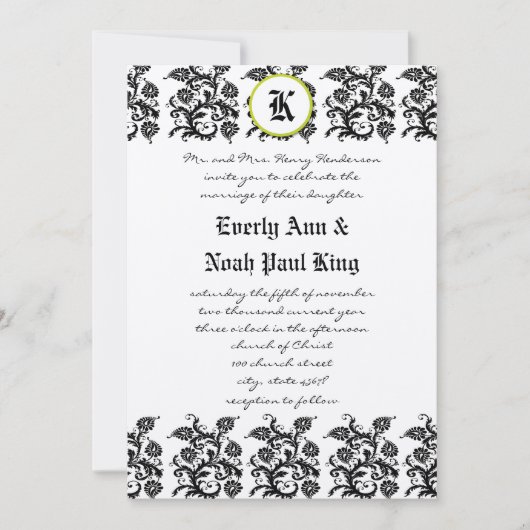 Apple Green Damask Borders Wedding Invitation Kaart (Voorkant)