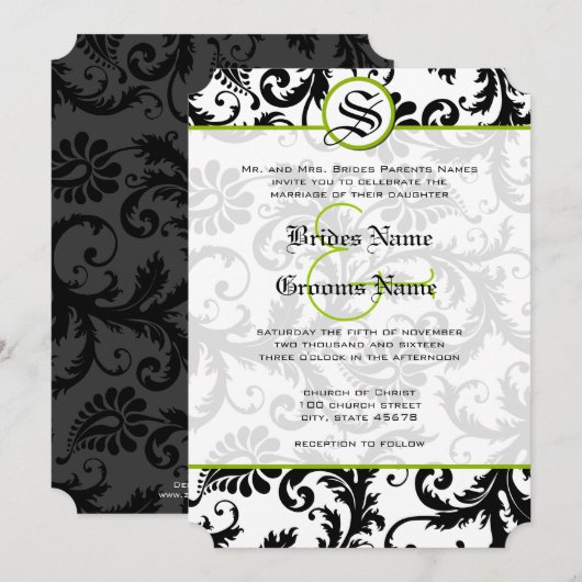 Apple Green Damask Krullen Trouw Uitnodiging (Voorkant / Achterkant)