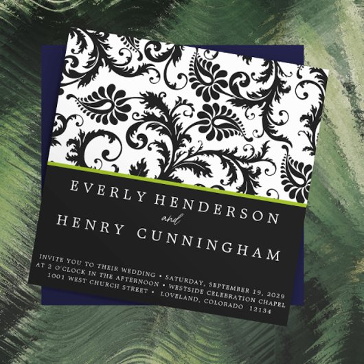 Apple Green Damask Monogram Wedding Uitnodiging