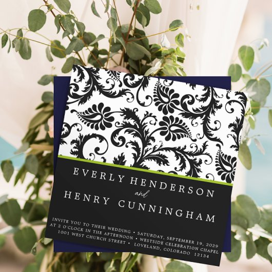 Apple Green Damask Monogram Wedding Uitnodiging