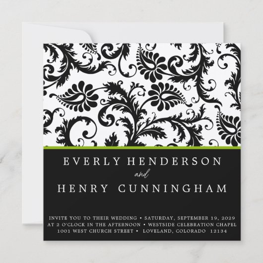 Apple Green Damask Monogram Wedding Uitnodiging (Voorkant)