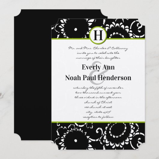 Apple Green Damask Sunflower Wedding Invitation Kaart (Voorkant / Achterkant)