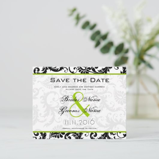 Apple Green Damask Swirls Trouwuitnodiging Save The Date (Staand voorkant)