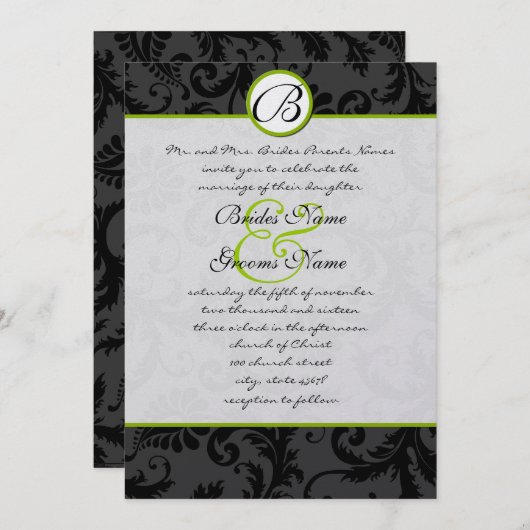 Apple Green Damask Swirls Wedding Invitation Kaart (Voorkant / Achterkant)
