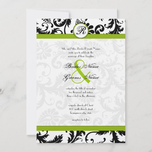Apple Green Damask Swirls Wedding Invitation Kaart (Voorkant)