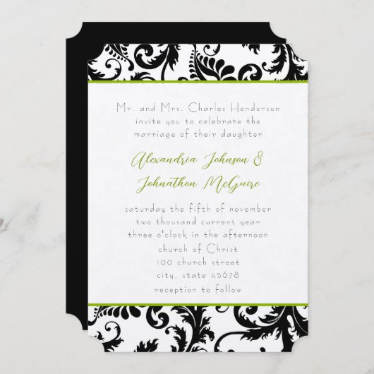 Apple Green Damask Swirls Wedding Invitation Kaart (Voorkant / Achterkant)
