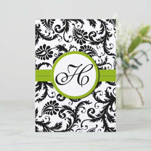 Apple Green Damask Swirls Wedding Invitation Kaart (Staand voorkant)