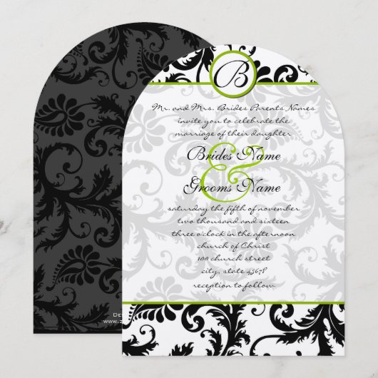 Apple Green Damask Swirls Wedding Invitation Kaart (Voorkant / Achterkant)
