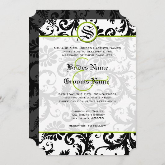 Apple Green Damask Swirls Wedding Invitation Kaart (Voorkant / Achterkant)