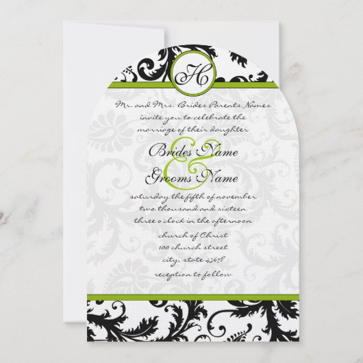 Apple Green Damask Swirls Wedding Invitation Kaart (Achterkant)
