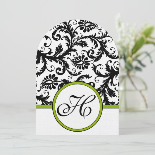 Apple Green Damask Swirls Wedding Invitation Kaart (Staand voorkant)