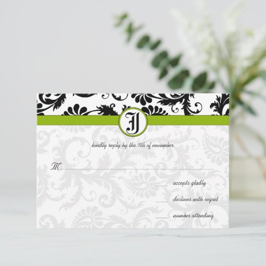Apple Green Damask Swirls Wedding Invitation RSVP Kaartje (Staand voorkant)