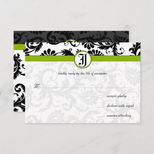 Apple Green Damask Swirls Wedding Invitation RSVP Kaartje (Voorkant / Achterkant)