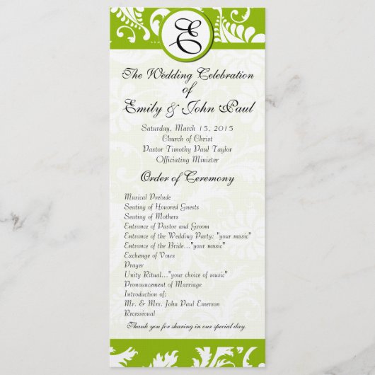Apple Green Damask Swirls Wedding Program Programmakaart (Voorkant)