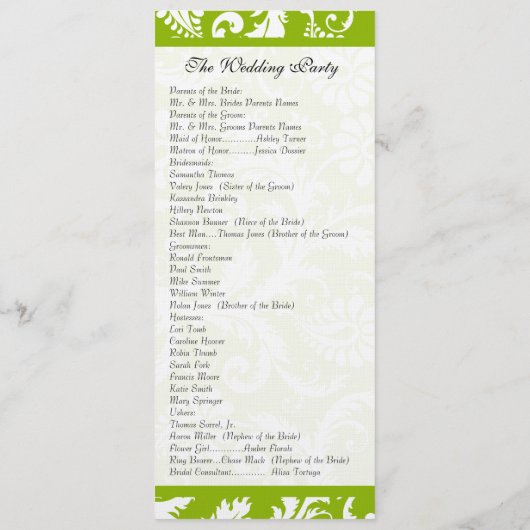 Apple Green Damask Swirls Wedding Program Programmakaart (Achterkant)