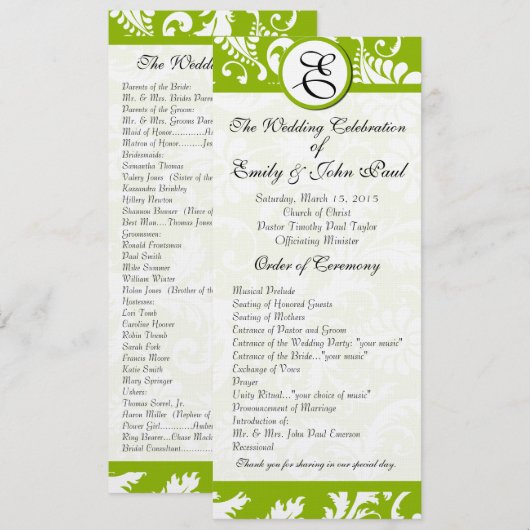 Apple Green Damask Swirls Wedding Program Programmakaart (Voorkant / Achterkant)