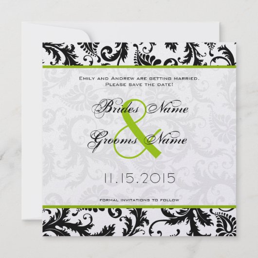 Apple Green Damask Swirls Wedding Save the Date (Achterkant)