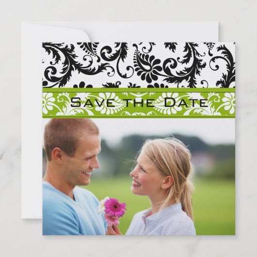 Apple Green Damask Swirls Wedding Save the Date (Voorkant)