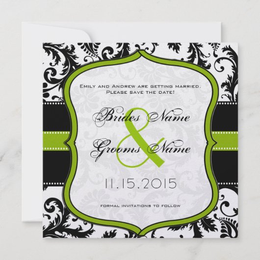 Apple Green Damask Swirls Wedding Save the Date (Achterkant)