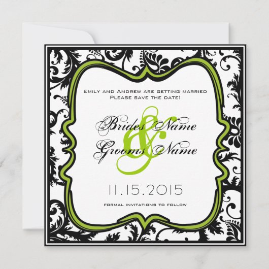Apple Green Damask Swirls Wedding Save the Date Kaart (Achterkant)