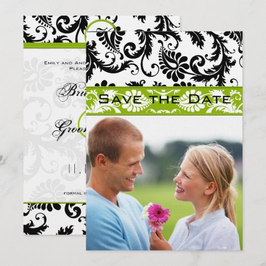 Apple Green Damask Swirls Wedding Save the Date Kaart (Voorkant / Achterkant)