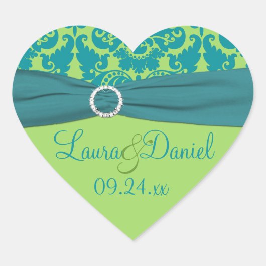 Apple Green en Turquoise Damask Wedding Sticker (Voorkant)
