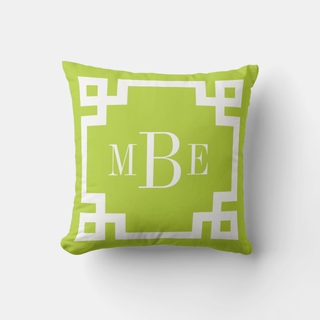 Apple Green en White Greek Key Monogram Kussen (Voorkant)