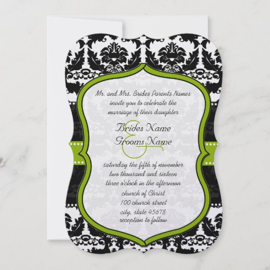 Apple Green Hearts  Damask Wedding Invite Kaart (Voorkant)