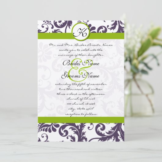 Apple Green Lapis Paars Damask Wedding Invitation Kaart (Staand voorkant)