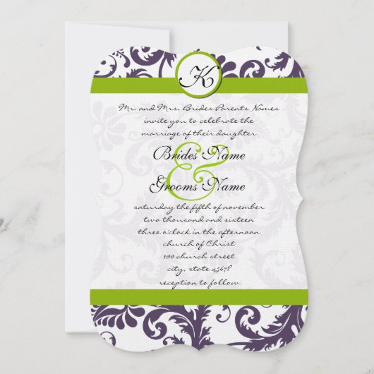 Apple Green Lapis Paars Damask Wedding Invitation Kaart (Voorkant)