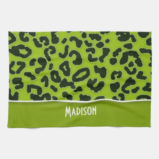 Apple Green Leopard Animal Print; gepersonaliseerd Theedoek (Horizontaal)