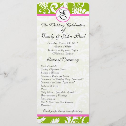 Apple Green & Pink Damask Swirls Wedding Programme Programmakaart (Voorkant)